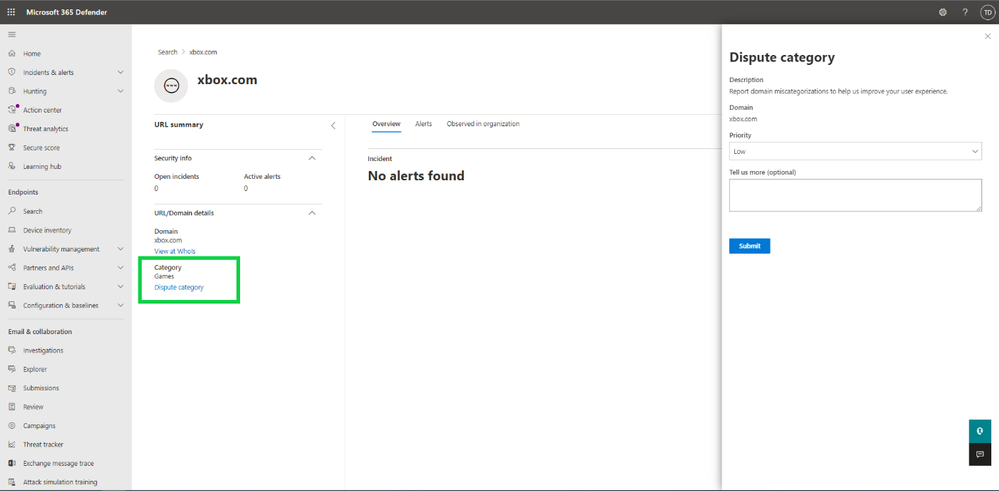 Microsoft 365 Defender portalında kategori ve anlaşmazlık panelini gösteren URL arama sayfasının ekran görüntüsü