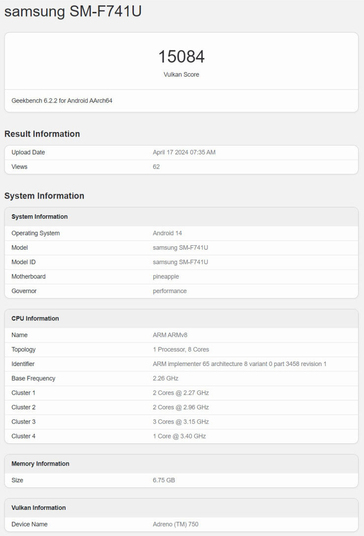 Samsung Galaxy Z Flip 6 geekbench raporu