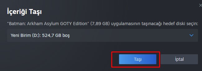 Steam üzerinde oyunu bir diskten diğerine taşıma