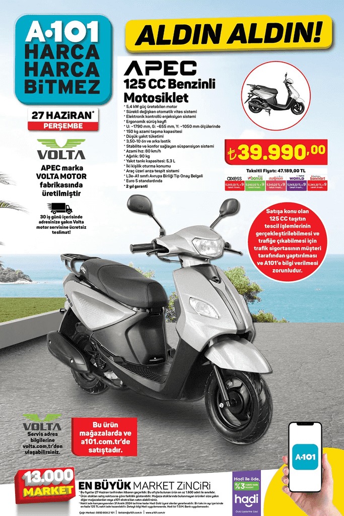A101 27 Haziran itibariyle Apec 125cc Benzinli Motosiklet satacak!