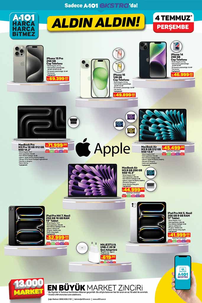 A101 aldın aldın iPhone 15 Pro, MacBook Pro, Air, iPad Pro