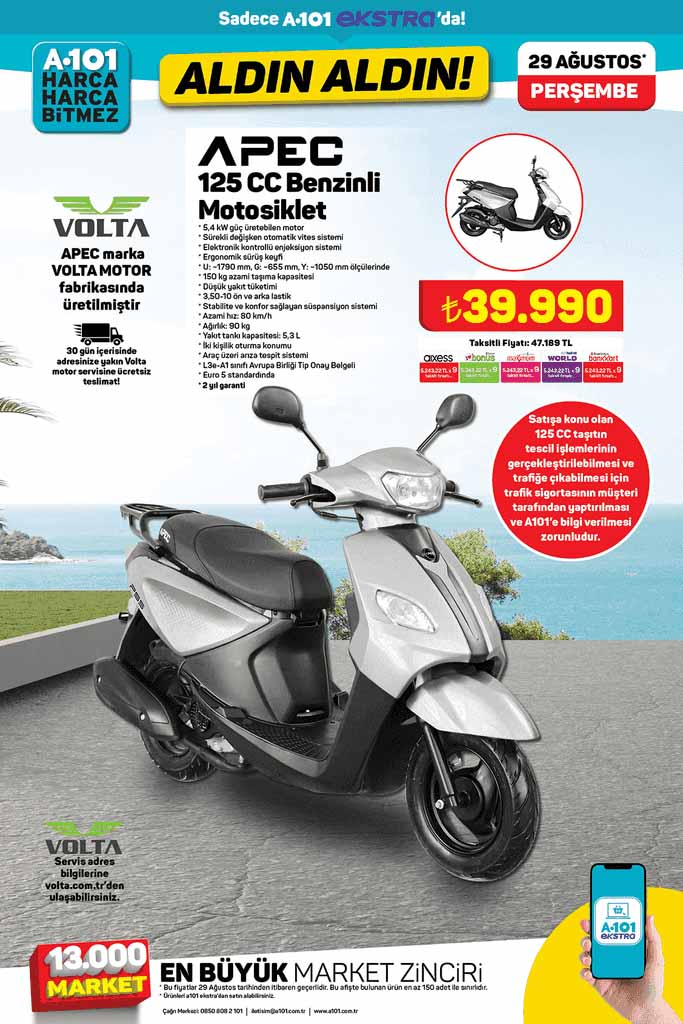 A101 29 Ağustos’ta Volta Apec 125 CC Motosiklet Satıyor