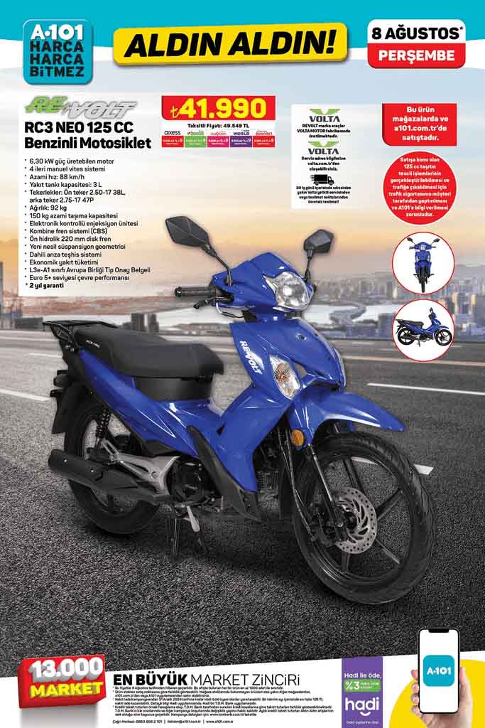 A101 8 Ağustos Perşembe günü Volta marka Revolt RC3 Neo 125 CC Benzinli Motosiklet getiriyor!