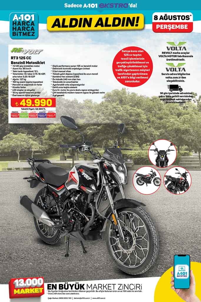 A101 8 Ağustos’ta Revolt RT3 125 CC Benzinli Motosiklet satıyor