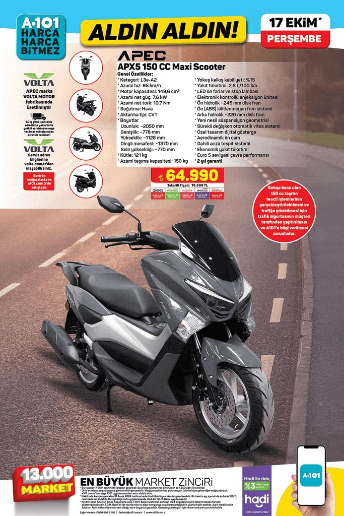 A101, 17 Ekim'de Apec APX5 150 CC Maxi Scooter satacak