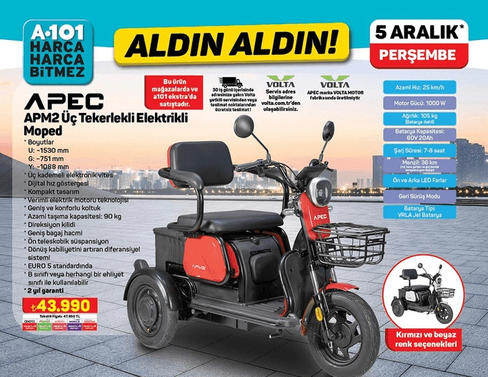 A101, APEC APM2 Üç Tekerlekli Elektrikli Moped satıyor