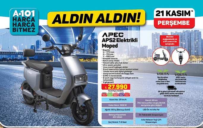 A101, 21 Kasım'da Apec APS2 Elektrikli Moped satacak