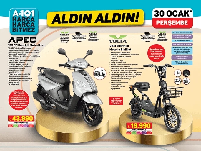 A101 125 CC Motosiklet ve Elektrikli Motorlu Bisiklet satıyor