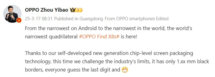 Oppo Find X8S ortaya çıktı